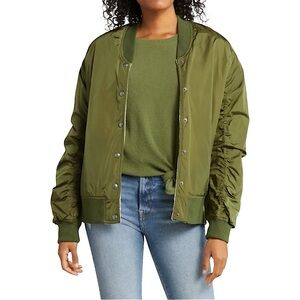 BLANK NYC Reversible Nylon and Fleece Bomber Jacket Olive Size M